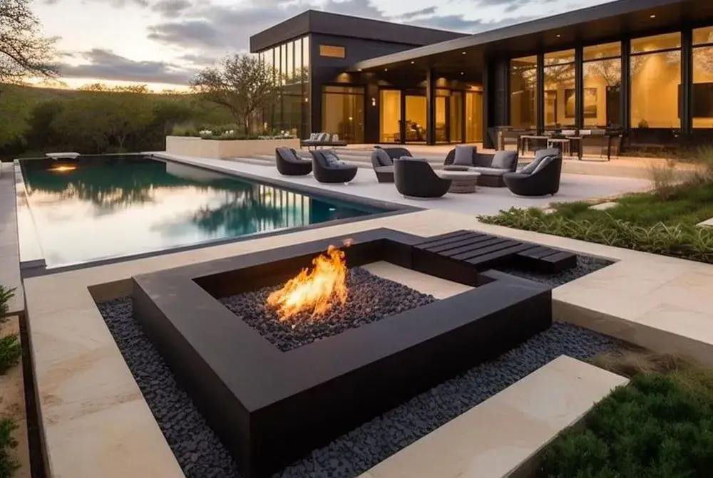 Modern backyard with a custom-built pool, lounge area, and fire feature in Austin, TX at sunset